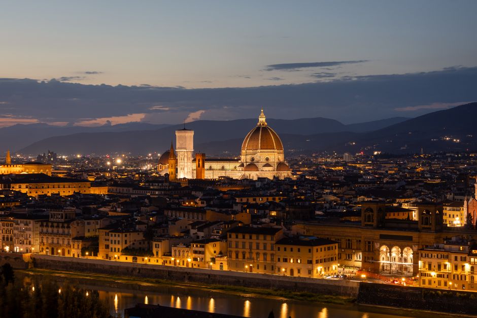 Captivating view of Florence's skyline featuring the iconic Duomo at twilight.