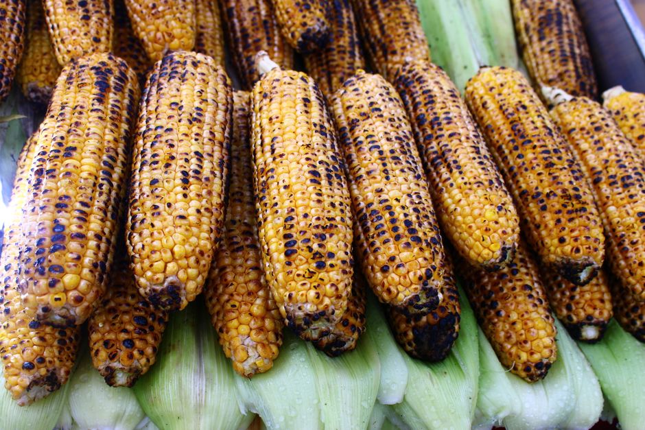 Close-up of grilled corn cobs with char marks, perfect for a summer barbecue theme.