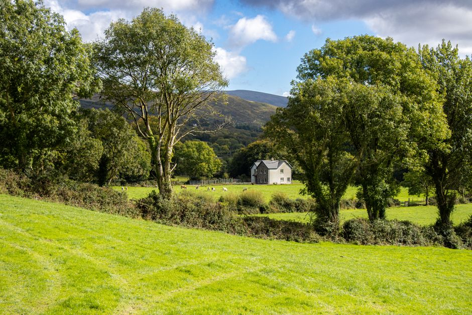 Peaceful rural landscape with house and trees in Kenmare, Ireland.