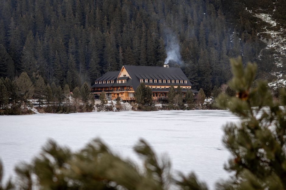 A cozy cabin with smoking chimney sits by a frozen lake amidst a pine forest in winter